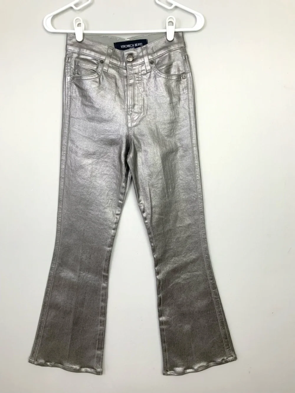 Veronica Beard Sz‎ 24 Metallic Silver Coated Carson Ankle Flare High Rise Jeans